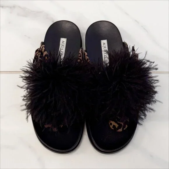Aquazzura Boudoir Feather-Trimmed Black Animal Print Thong Sandals 7.5 - Picture 4 of 11